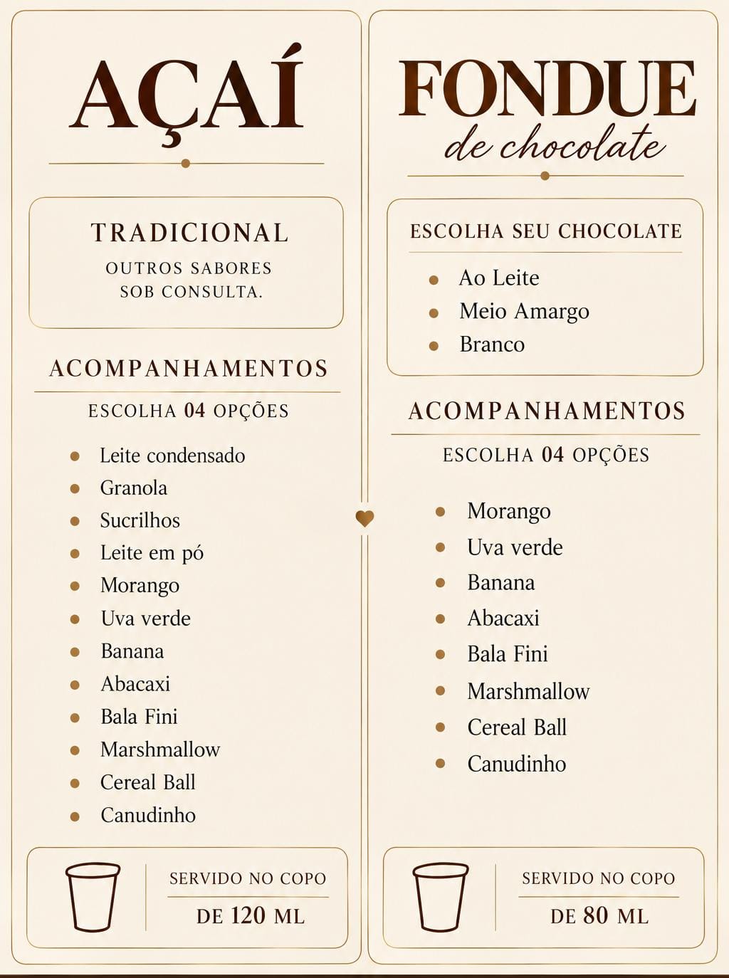 Cardápio de açaí e fondue
